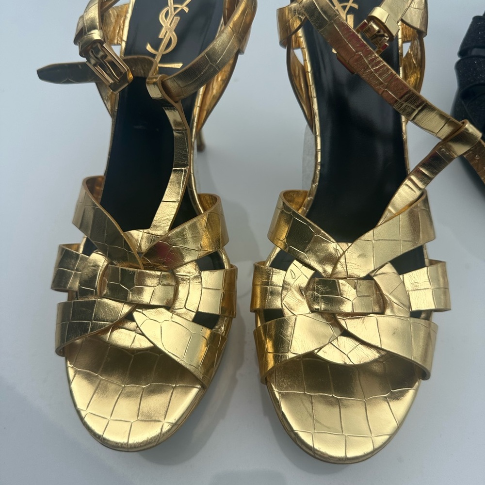 Yves Saint Laurent Metallic Gold Croc-Embossed Heels